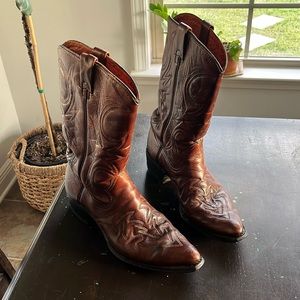 Texas Boots Mens 11 Western Cowboy Leather Embroidered Point Toe Pull On Brown